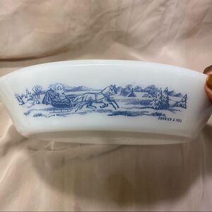 Vintage Glasbake Currier & Ives Divided Casserole RelishDish